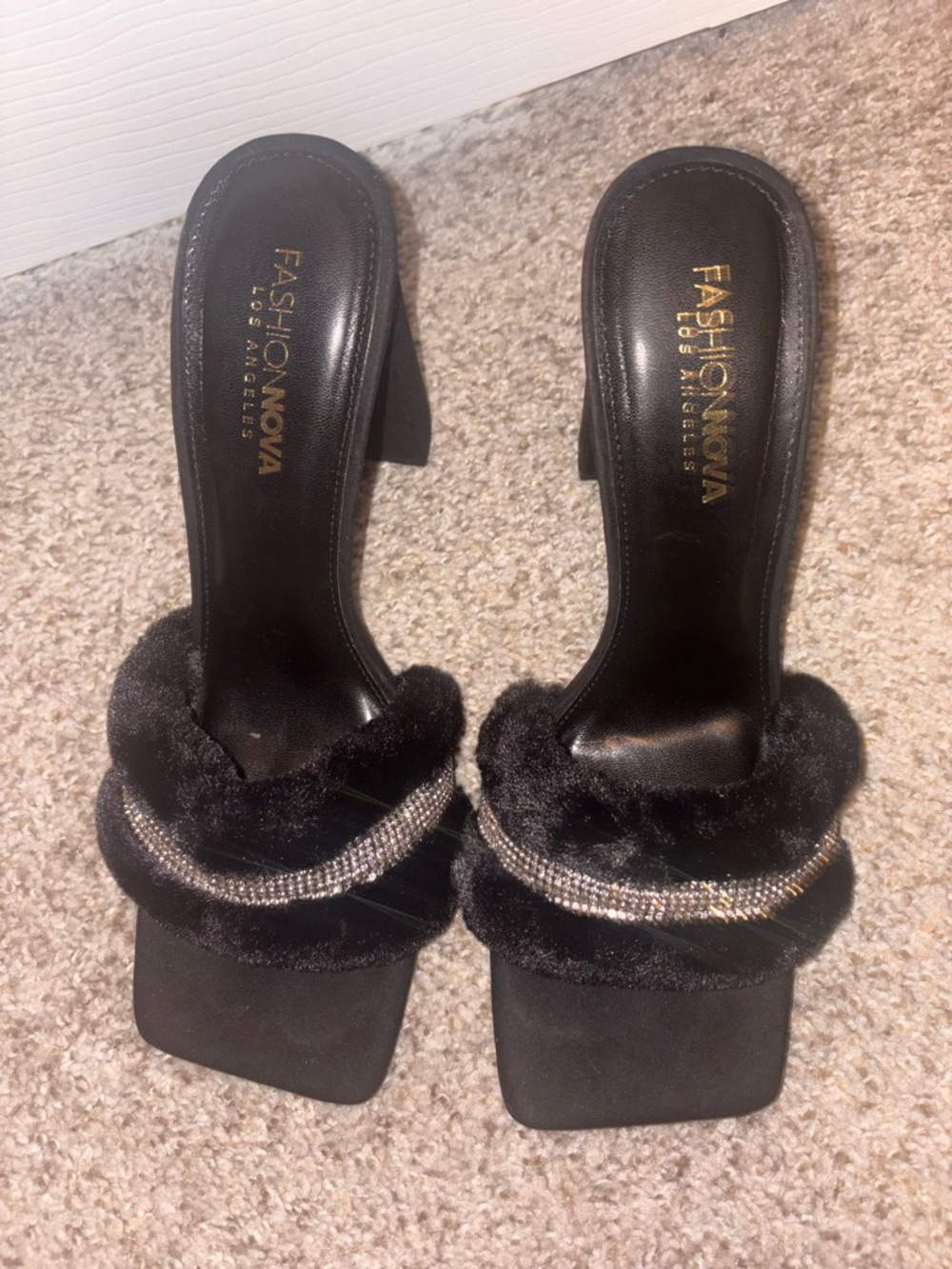 Fashion Nova Black Fur Slide Heels with Crystal Accent